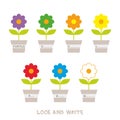 Look and write. flowers in pots. Kids words learning game, worksheets with simple colorful graphics and fill the blanks words. chi