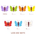 Look and write. multicolored butterflies. Kids words learning game, worksheets with simple colorful graphics and fill the blanks w