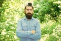 Look your best. hispter style. Fashion portrait of man. Hair beard care. guy in forest. summer camping. serious bearded