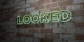 LOOKED - Glowing Neon Sign on stonework wall - 3D rendered royalty free stock illustration