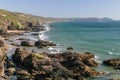 Looking across the beach at Whitesand Bay in Cornwall towards th Royalty Free Stock Photo