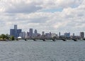 Detroit skyline from Belle Isle fishing pier Royalty Free Stock Photo