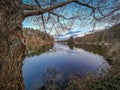 Looking across a pond with a blue sky reflected