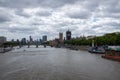 Looking across river themes, the British parliament in view in the distance, Uk