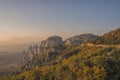 Looking across the rock formations in Meteora at dusk, Greece