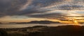 Panoramic sunset aerial view of Orcas Island seen from Lummi Island, Washington.