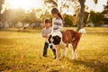 Looking for adventure together. two cute little siblings walking through a park with their dog. Royalty Free Stock Photo