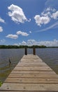 Looking along a small wooden fishing jetty at the edge of Lake Texana at the Brackenridge Recreation Complex Royalty Free Stock Photo