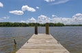 Looking along a small wooden fishing jetty at the edge of Lake Texana at the Brackenridge Recreation Complex Royalty Free Stock Photo