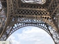 Looking through the arch at the base of the Eiffel Tower in Paris