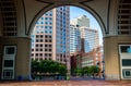 Looking through the arch at Rowes Wharf, in Boston, Massachusetts.