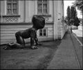 Looking around the corner. Prague. Black and white