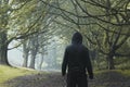 Looking at the back of a hooded figure, standing below an avenue of trees on a hill. On a foggy, atmospheric day