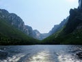 Looking back from the tour boat at the end of the fjord of the Western brook pond in Gros Morne National Park, Newfoundland and La