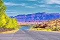 Looking back towards Moab Panorama views of desert mountain ranges along Highway 191 in Utah in fall. Scenic nature near Canyonlan