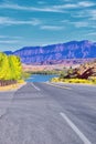 Looking back towards Moab Panorama views of desert mountain ranges along Highway 191 in Utah in fall. Scenic nature near Canyonlan