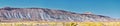 Looking back towards Moab Panorama views of desert mountain ranges along Highway 191 in Utah in fall. Scenic nature near Canyonlan