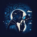 Looking Beyond: A Man Using a Magnifying Glass to Reveal the Mysteries of the Tree of Wisdom. Generative Ai illustration