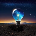 looking the big bulb half buried in the ground against night sky with stars and