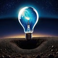 looking the big bulb half buried in the ground against night sky with stars and