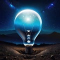 looking the big bulb half buried in the ground against night sky with stars and