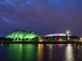 Looking at both the SSE Hydro and the SEC Armadillo lit up, at the Scottish Event Campus in Glasgow. Royalty Free Stock Photo