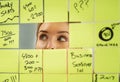 Looking at business from a broader perspective. a young woman having a brainstorming session with sticky notes at work.