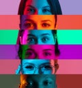 Horizontal collage of cropped male and female eyes placed on narrow stripes in neon lights. Royalty Free Stock Photo