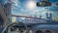 Car windshield with view of Brooklyn Bridge, New York, USA Royalty Free Stock Photo