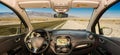 Car windshield with view of desert road, Death Valley, USA Royalty Free Stock Photo