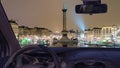 Car windshield view of Trafalgar Square at night, London, UK Royalty Free Stock Photo