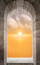 Looking through castle window frame with sunrise view Royalty Free Stock Photo