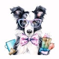 Watercolor Whimsy: Border Collie Puppy in Pastel Bandana and Glasses AI Generated