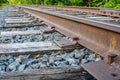 Closeup of railroad spikes and ties