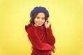 looking co cute. smiling stylish teen girl in french beret. parisian kid wear red dress. elegant look of child. kid