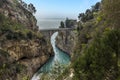 Looking down at the arched bridge and the fjord at Fiordo di Furore on the Amalfi Coast, Italy Royalty Free Stock Photo