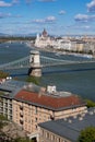 Looking down from castle hill to the Danube river with the chain bridge and the parliament building in Budapest, Hungary Royalty Free Stock Photo