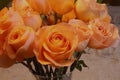 Looking down at eighteen long stem orange-peach roses in a glass vase Royalty Free Stock Photo