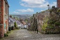 Looking down famous cobbled Gold Hill in Shaftesbury, Dorset, UK