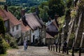 Looking down famous cobbled Gold Hill in Shaftesbury, Dorset, UK