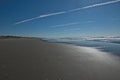 Looking down flat beach with flock of birds Royalty Free Stock Photo