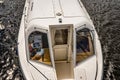 Top down view of a holiday boat on the River Bure, Wroxham, Norfolk, UK