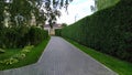 Looking down a gravel path of a tall hedge maze. Path surrounded on both side by a tall hedgerow in a formal garden Royalty Free Stock Photo