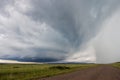 Looking down a gravel road at a supercell thunderstorm approaching