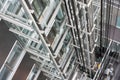 Looking down in an open steel lift shaft