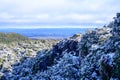 Looking down over Tongariro National Park from the side of Mangawhero River, higher grounds covered with snow. Mountain