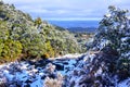 Looking down over Tongariro National Park from the side of Mangawhero River, riverbed covered with snow. Mountain