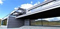 Looking down on the porch of a wonderful low-rise aluminum-panelled office against a stunning blue sky with clouds. 3d rendering