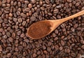 Looking down shot of a spoonful of coffee powder spread on coffee beans background