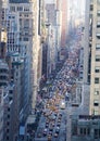 Looking down into 5th Avenue with cars in traffic in Manhattan, New York City.